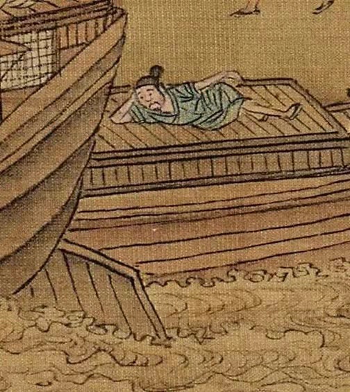 在仇英的《清明上河圖》中,最有意思的應該屬於下面這個部分——休息中的勞工、生意不太好的店主、發呆的橋上人……