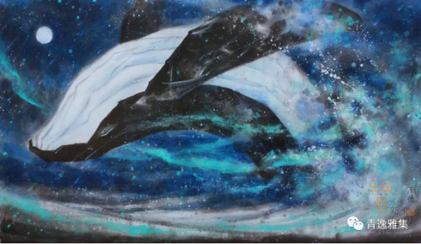 劉憶 作品 鯨變-青之躍空 水墨、壓克力、銀箔 40X70cm RMB 3,500