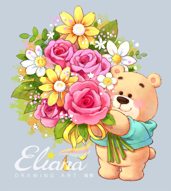 【療癒插畫系列】捧玫瑰花的小熊  | 文創插畫  | Painter2022 | Drawing   | Eliana珞棋