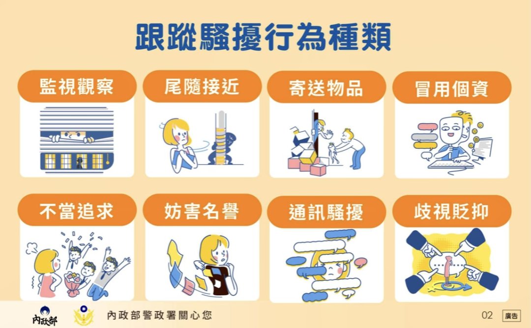 圖 臺北市保大員警宣導民眾認知八大類跟騷行為,包括:監視觀察、尾隨接近、寄送物品、冒用個資、不當追求、妨害名譽、通訊騷擾、歧視貶抑。