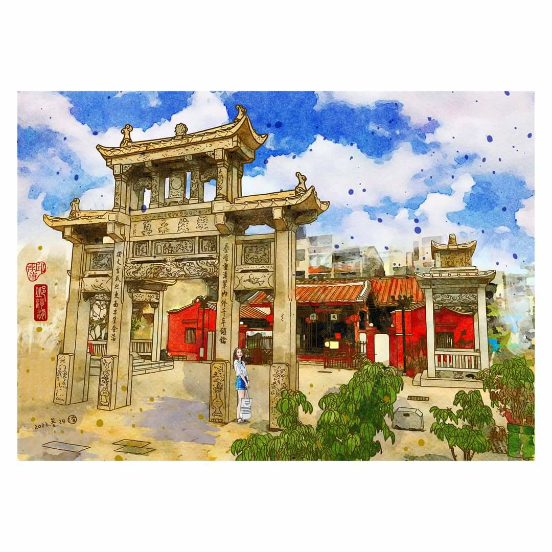 圖 【用藝術走讀台灣400年】專欄-臺南接官亭&風神廟明信片-旅遊印記 插畫 -邱浡洧