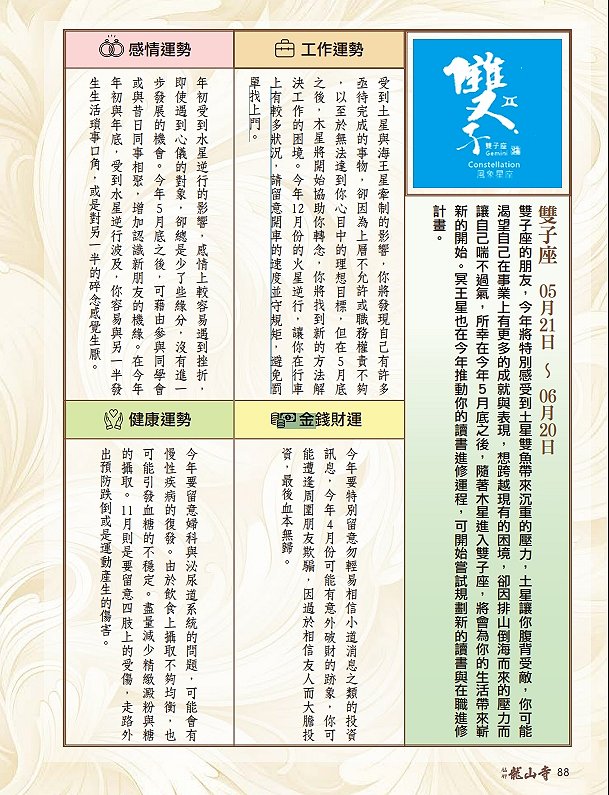 圖 龍山寺農民曆 88頁-雙子座 篠安 星座老師 與 篆刻書法 司徒長卿老師 合作 收錄 於 萬華龍山寺 甲辰年農民曆下載