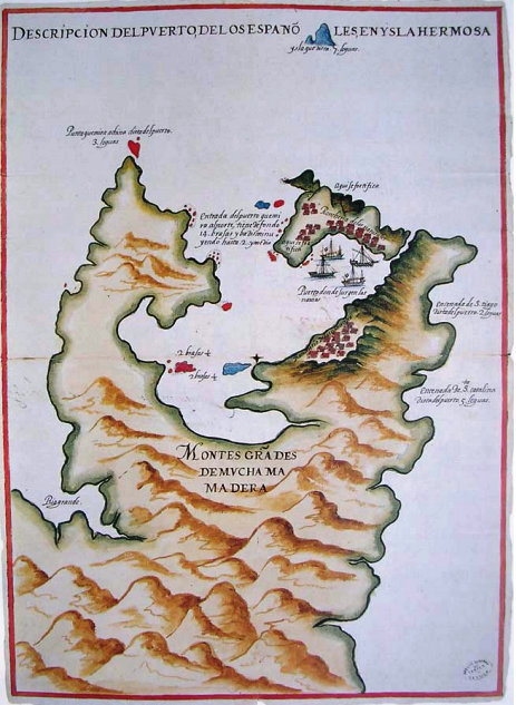 圖 1626年馬尼拉的西班牙人Pedro de Vera所繪《艾爾摩沙島西班牙人港口描述圖》在台灣東北角標示「encenada de S. tiago, dista del puerto 2 leguas(三貂灣離港口2里格)」 翻拍自維基百科